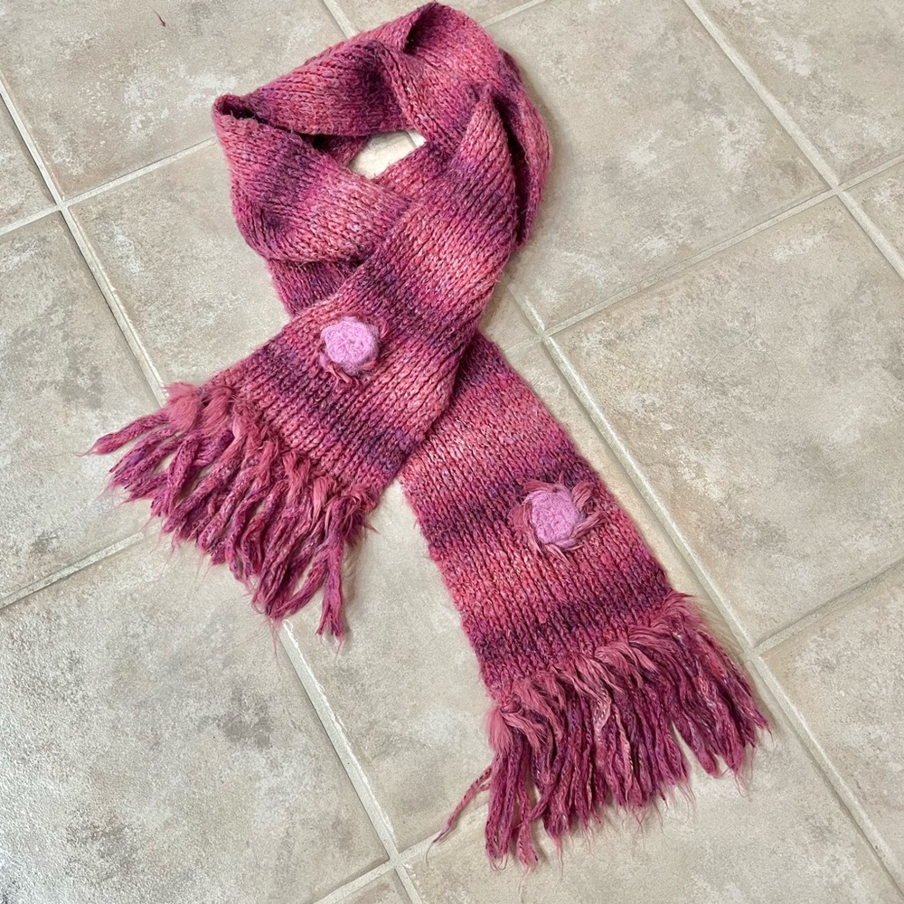 Knit Pink Scarf with Flower Detail and Fringe